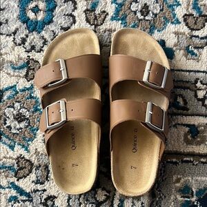 Quince Nappa Leather Double Buckle Slide, brown, size 7